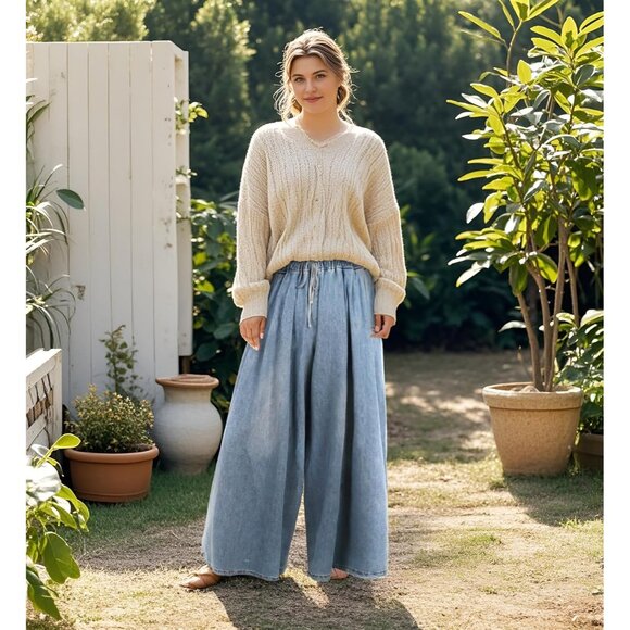 Women's Plus Size Baggy Denim Jeans Wide Leg Elastic Waist Pockets Casual - Picture 2 of 7